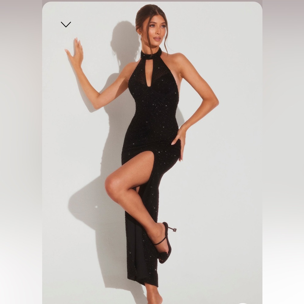 Embellished High Neck Keyhole Cut Out Evening Gown in Black